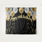 50誕生日金ゴールドシルバー黒バルーン タペストリー (正面(横))