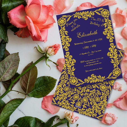 50誕生日金ゴールドダークブルー植物学フローラ 招待状