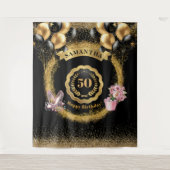 50誕生日金ゴールドバルーン赤面ハイヒール タペストリー (正面)