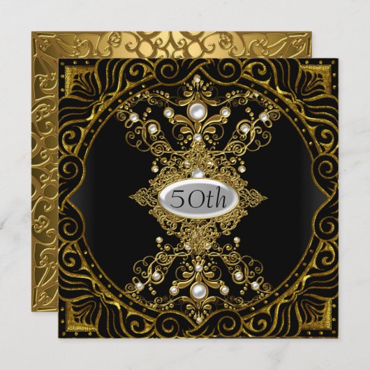 50誕生日金ゴールドブラックパーティの招待状 招待状 (正面/裏面)