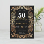 50誕生日金ゴールドブラックボホグラマラスヴィンテージ 招待状 (スタンド正面)