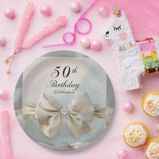 50誕生日金ゴールドボーエレガントフローラ旋回 ペーパープレート (パーティー)