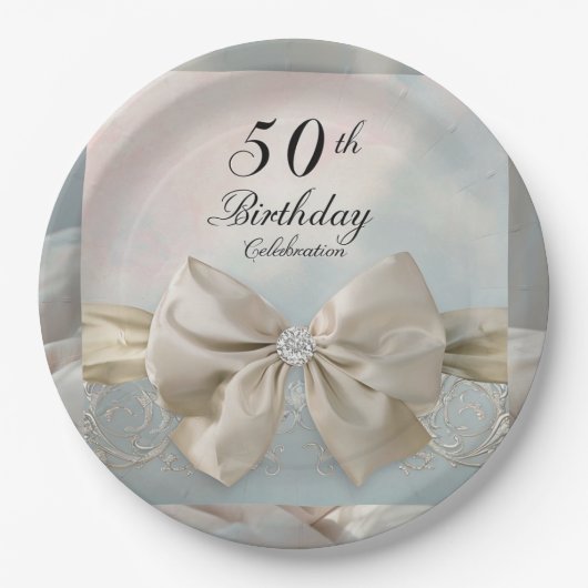 50誕生日金ゴールドボーエレガントフローラ旋回 ペーパープレート (正面)