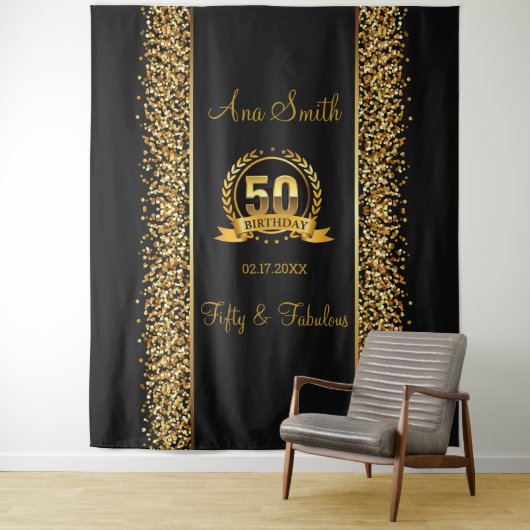 50誕生日金ゴールド&ブラックバースデーパーティータペストリー タペストリー (インサイチュ)
