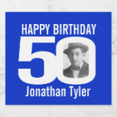 50誕生日青いカスタム写真名ラベル スパークリングワインラベル (シングルラベル)