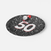 50誕生日風船オン黒グリッター ペーパープレート (アングル)