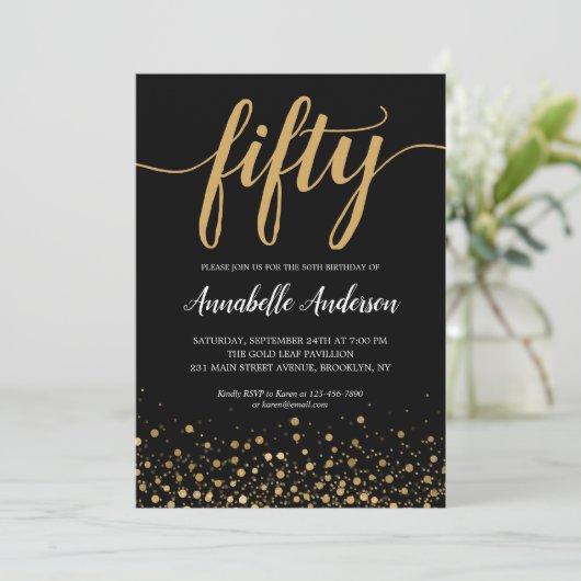 50誕生日黒エレガント金ゴールド紙吹雪スクリプト 招待状 (スタンド正面)