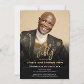 50誕生日黒金ゴールドモダン写真 招待状 (正面)