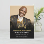 50誕生日黒金ゴールドモダン写真 招待状 (スタンド正面)