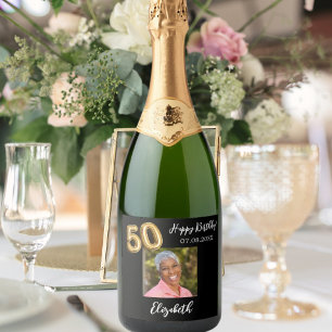 50誕生日黒金ゴールド写真 スパークリングワインラベル