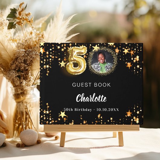 50誕生日黒金ゴールド星写真 ゲストブック