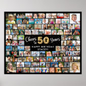 50誕生日100枚の写真ブラック金ゴールド応援 ポスター (正面)