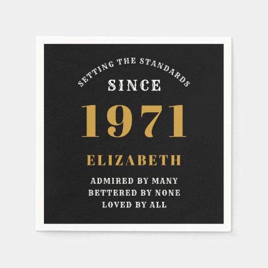 50誕生日1971ブラック金ゴールドパーソナライズされた スタンダードカクテルナプキン (正面)