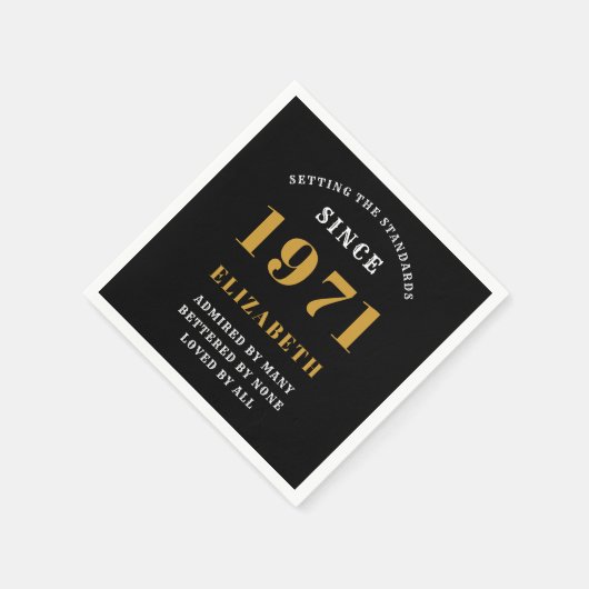50誕生日1971ブラック金ゴールドパーソナライズされた スタンダードカクテルナプキン (角)