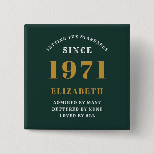 50誕生日1971年緑の金ゴールドパーソナライズされた 缶バッジ (正面)