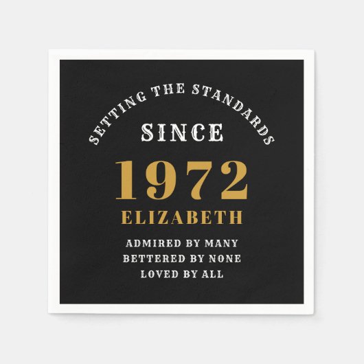 50誕生日1972シックエレガント金ゴールドブラック スタンダードカクテルナプキン (正面)