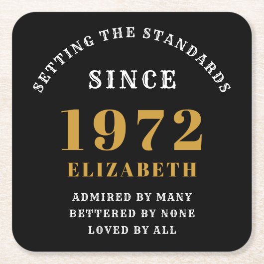 50誕生日1972ブラックエレガント金ゴールドシック スクエアペーパーコースター (正面)
