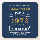 50誕生日1972生まれヴィンテージブルー金ゴールドスクエア スクエアペーパーコースター (正面)