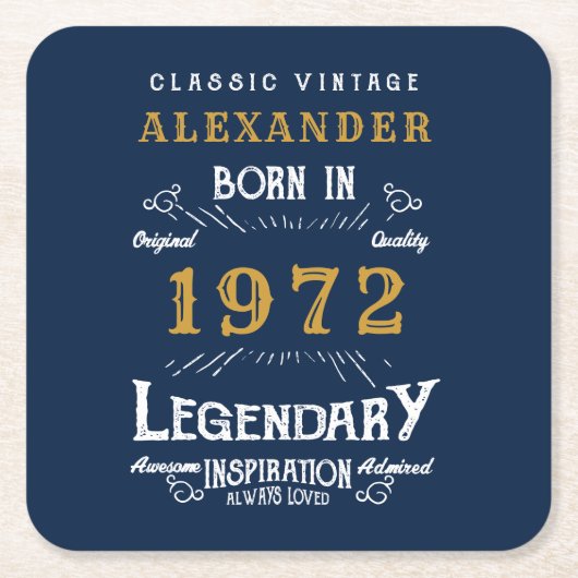 50誕生日1972生まれヴィンテージブルー金ゴールドスクエア スクエアペーパーコースター (正面)