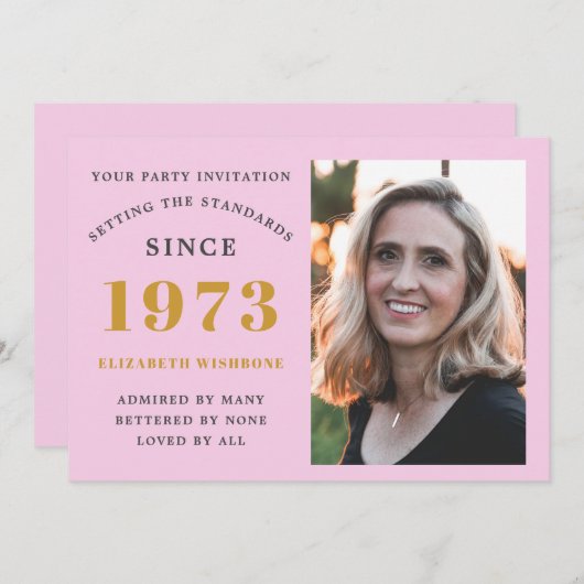 50誕生日1973名フォトピンクグレー 招待状 (正面/裏面)
