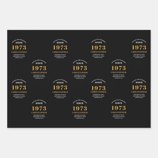 50誕生日1973生まれ名を追加黒い金ゴールド ラッピングペーパーシート (正面)