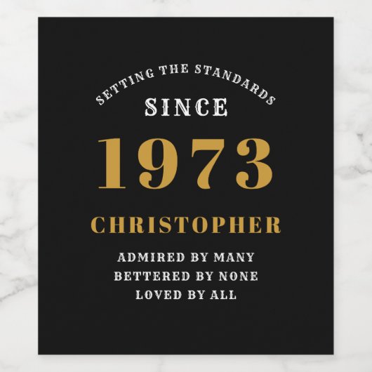 50誕生日1973生まれ名を追加黒い金ゴールド ワインラベル (シングルラベル)