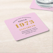 50誕生日1973生まれ名を追加Pink Gray スクエアペーパーコースター (アングル)
