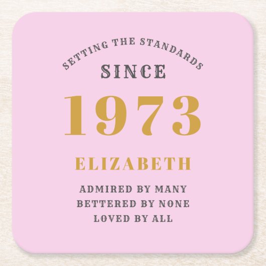 50誕生日1973生まれ名を追加Pink Gray スクエアペーパーコースター (正面)