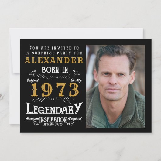 50誕生日1973生まれ黒金ゴールドレトロ写真 招待状 (正面)