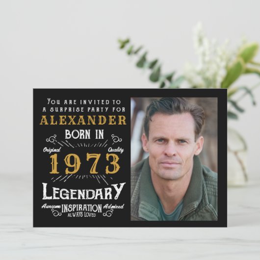 50誕生日1973生まれ黒金ゴールドレトロ写真 招待状 (スタンド正面)