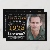 50誕生日1973生まれ黒金ゴールドレトロ写真 招待状 (正面/裏面)