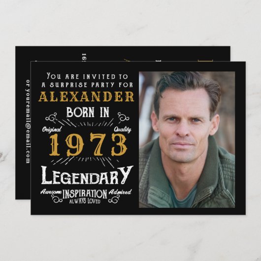 50誕生日1973生まれ黒金ゴールドレトロ写真 招待状 (正面/裏面)