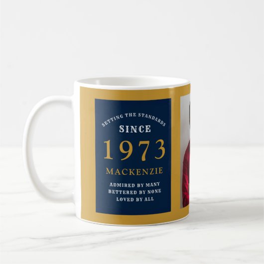 50誕生日1973青い金ゴールド追加の名前フォト コーヒーマグカップ (左)
