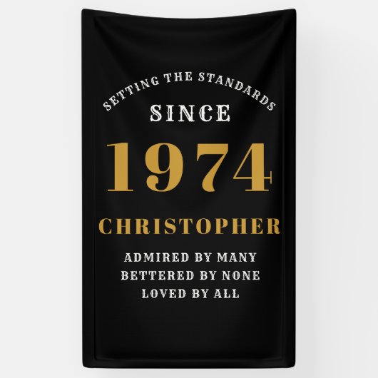 50誕生日1974生まれ名を追加黒い金ゴールド 横断幕 (縦)