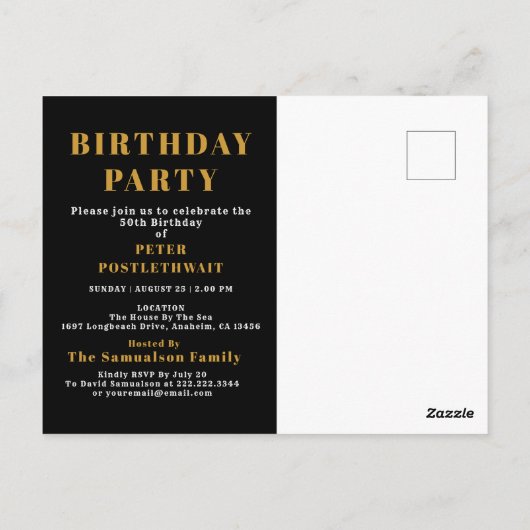 50誕生日1974黒金ゴールド招待状 ポストカード (裏面)