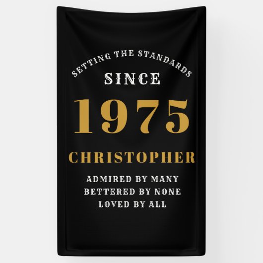 50誕生日1975生まれ名を追加黒い金ゴールド 横断幕 (縦)