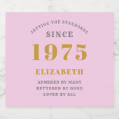 50誕生日1975生まれ名を追加Pink Gray スパークリングワインラベル (シングルラベル)