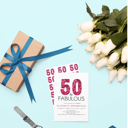 50誕生日50と素晴らしいピンクのフローラ 招待状
