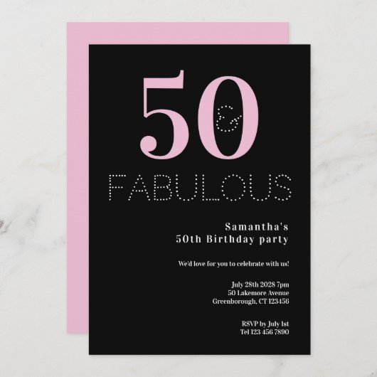 50誕生日50と素晴らしいブラックピンクパーティー 招待状 (正面/裏面)