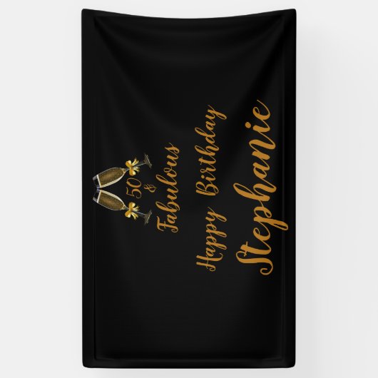 50誕生日50と素晴らしいブラック |フェイク金ゴールド 横断幕 (縦)