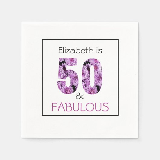 50誕生日50と素晴らしい紫のフローラ スタンダードカクテルナプキン (正面)