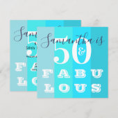 50誕生日50ファブラスモダンティール（緑がかった色）ストライプパーティー 招待状 (正面/裏面)