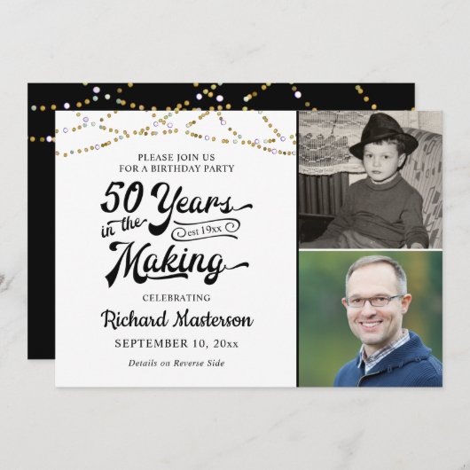 50誕生日50年の黒番金ゴールド 招待状 (正面/裏面)