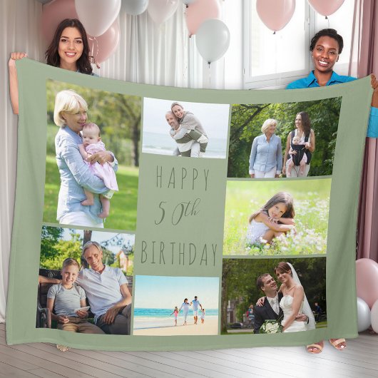 50誕生日7フォトコラージュセージグリーン フリースブランケット