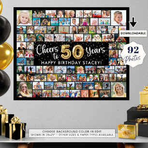 50誕生日92枚の写真ブラック金ゴールド応援 ポスター