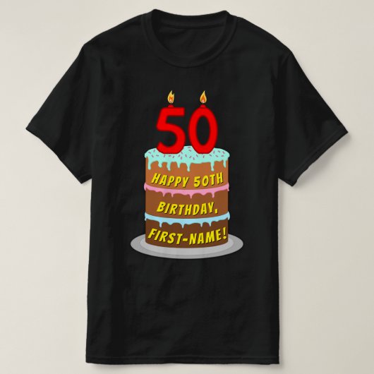 50誕生日—おもしろいケーキ&ろうそく、名前をカスタムする付き Tシャツ (デザイン正面)