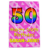 50誕生日:おもしろいピンクハートストライプ、レインボー50 ミディアムペーパーバッグ (正面)