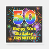 50誕生日:おもしろい花火パターン+虹50 スタンダードランチョンナプキン (正面)