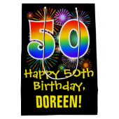 50誕生日:おもしろい花火パターン+虹50 ミディアムペーパーバッグ (裏面)