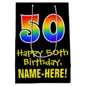 50誕生日:おもしろい、はっきりした、カラフルレインボー「50」 ミディアムペーパーバッグ (裏面)